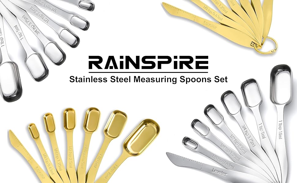 Rainspire Heavy Duty Measuring Spoons Set Stainless Steel, Metal Measuring Cups and Spoons Set for Dry or Liquid, Fits in Spice Jar, Home Gadgets Kitchen Gadgets, Set of 7 Including Leveler