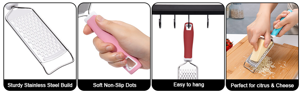 Rainspire Professional Cheese Graters for Kitchen Stainless Steel Handheld, Metal Lemon Zester Grater With Handle For Cheese, Chocolate, Spices, Kitchen Gadgets And Tools, Soft Grip Handle, Black