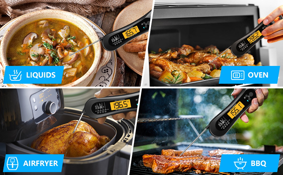 Digital Meat Thermometer for Cooking, Biison Wireless Instant Read Meat Thermometer Waterproof, Backlight, Ultra-Fast Accurate and 180° Folding Probe Kitchen Thermometer for Turkish/Grill