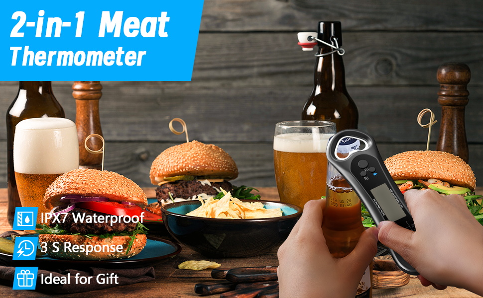 Digital Meat Thermometer for Cooking, Biison Wireless Instant Read Meat Thermometer Waterproof, Backlight, Ultra-Fast Accurate and 180° Folding Probe Kitchen Thermometer for Turkish/Grill