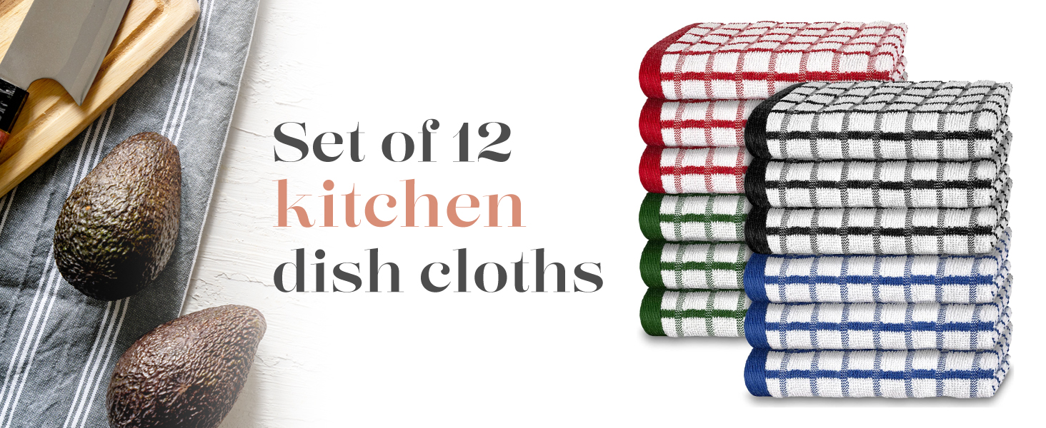 White Classic [12 Pack] Premium Dish Cloths for Kitchen - Heavy Duty Absorbent 100% Cotton 410 GSM Terry Kitchen Towels, 12x12 (Multi)