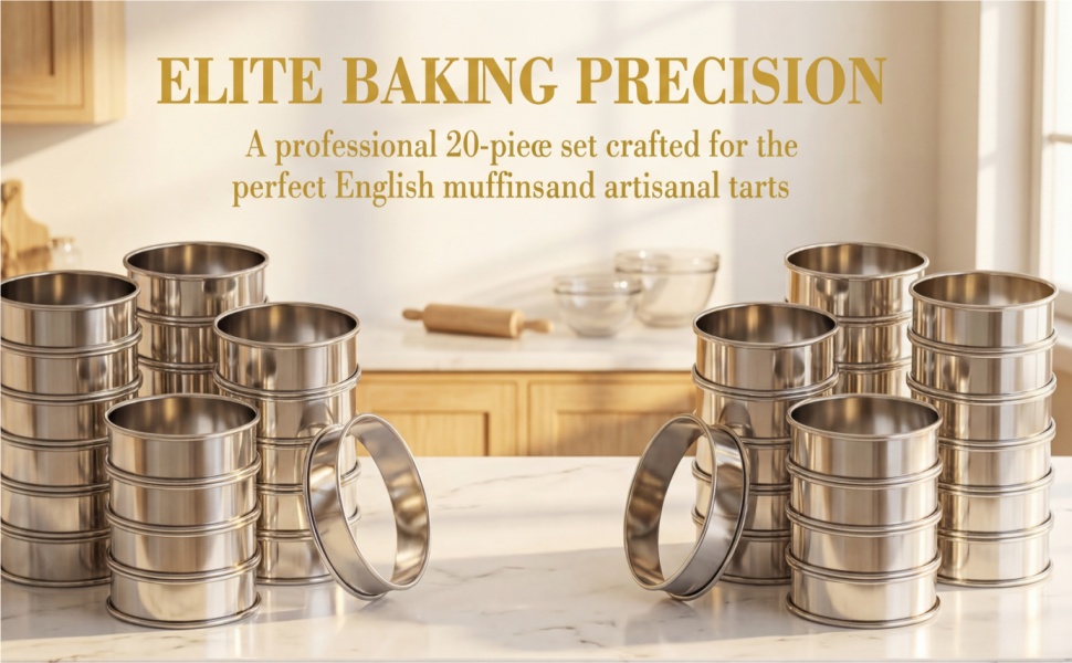 Lyellfe 20 Pieces English Muffin Rings, Stainless Steel Crumpet Rings, 3 Inch Double Rolled Nonstick Muffin Tart Ring Mold for Home Baking, Food Making