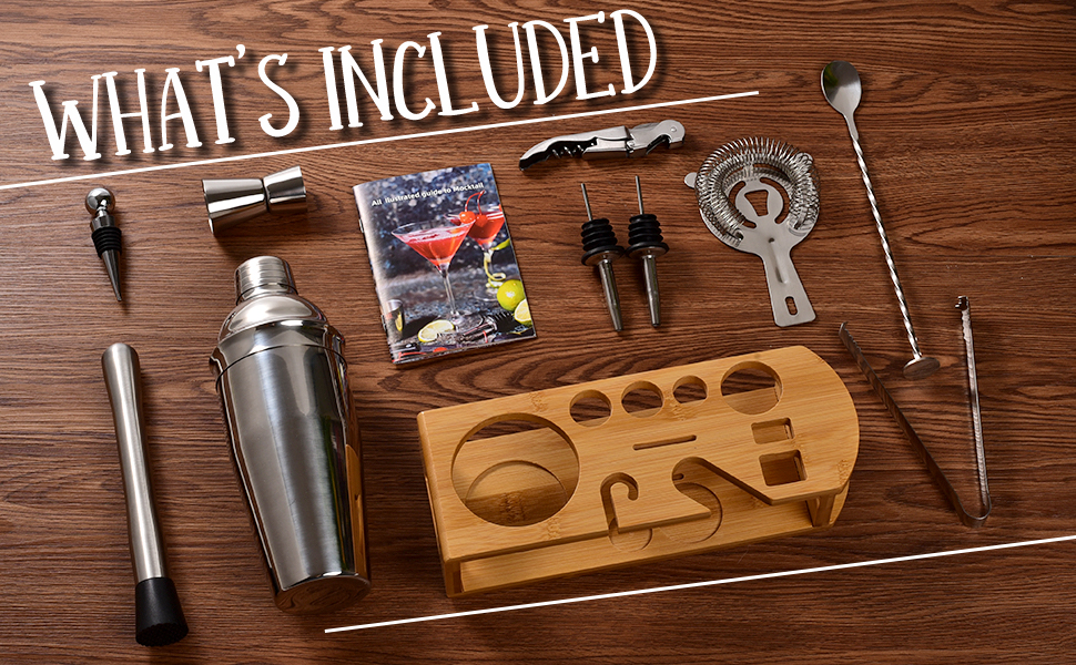 Cocktail Shaker Set Bartender Kit : 12-Piece Bar Tool Set with Bamboo Stand | Bar Set with All Practical Bar Accessories, for Drink Mixing, Bar, Home, Lounge & Party (Silver)