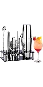 Cocktail Shaker Set Bartender Kit : 12-Piece Bar Tool Set with Bamboo Stand | Bar Set with All Practical Bar Accessories, for Drink Mixing, Bar, Home, Lounge & Party (Silver)