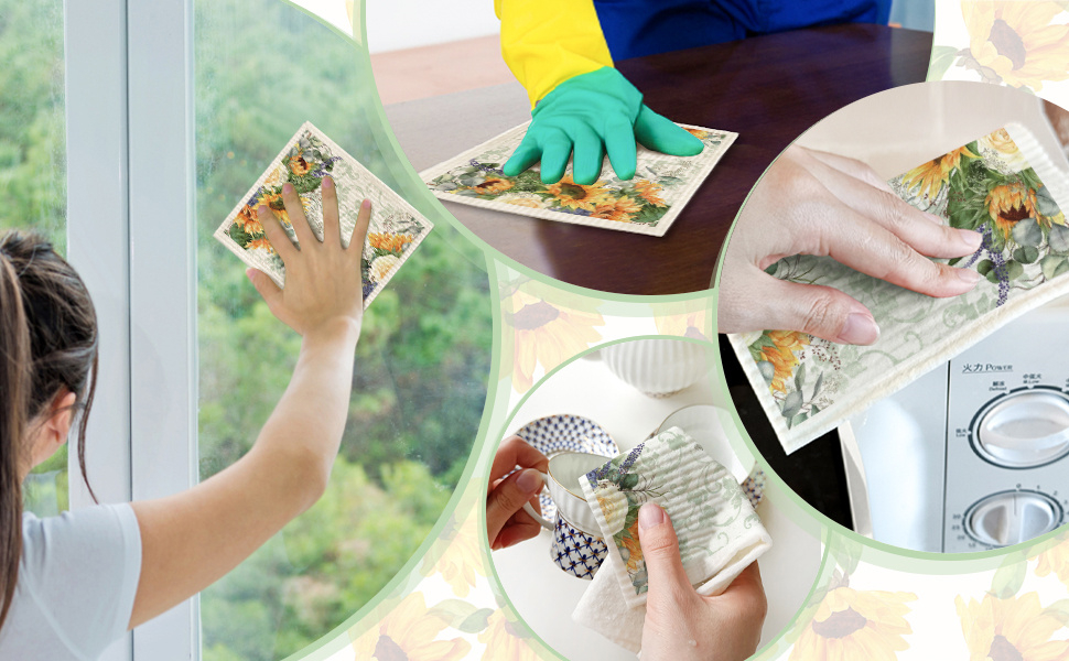 Morigins 6 Pcs Sunflowers Swedish Kitchen Dishcloths Multi Purpose Absorbent Soft Reusable Cleaning Dish Cloths Washable Decorative Tea Towels Bar Hand Towel