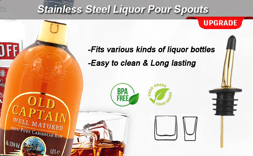 2 Pcs Liquor Pour Spouts, Stainless Steel Liquor Bottle Pourers with Rubber Dust Caps and Cleaning Brush,for Pours Liquid, Olive Oil, Wine(Gold)