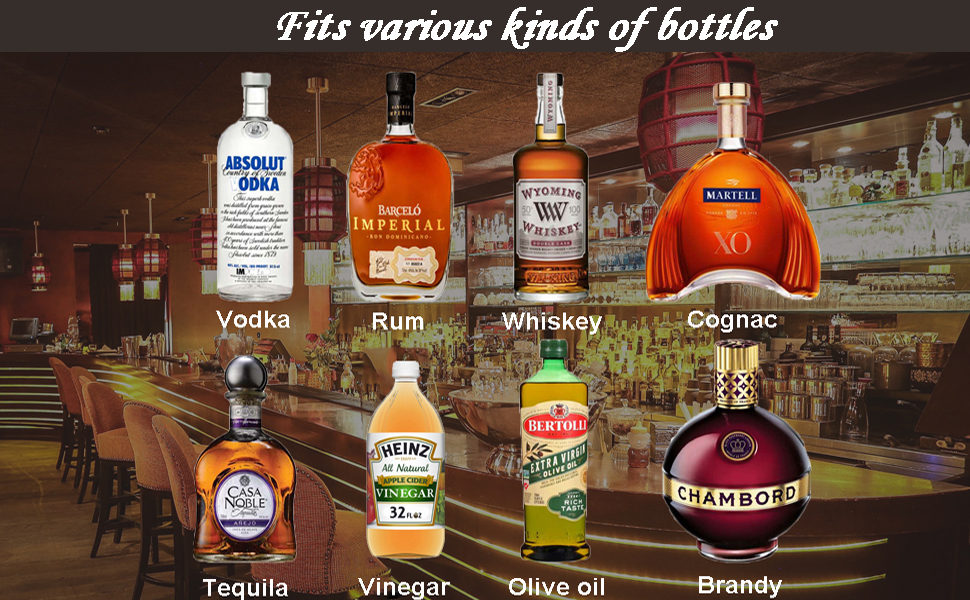 2 Pcs Liquor Pour Spouts, Stainless Steel Liquor Bottle Pourers with Rubber Dust Caps and Cleaning Brush,for Pours Liquid, Olive Oil, Wine(Gold)