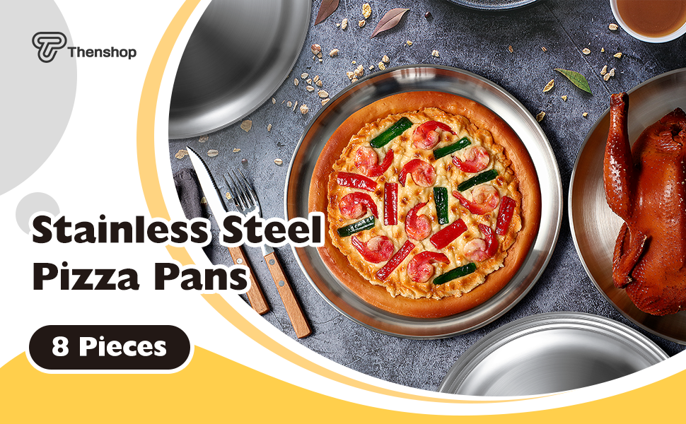 Thenshop 8 Pieces 12 Inch Pizza Pans Bulk Stainless Steel Sets Round Bakeware Pizza Trays for Oven Freezer Kitchen Baking Home Restaurant Picnics Safe Sturdy Reusable Easy Clean(Silver)