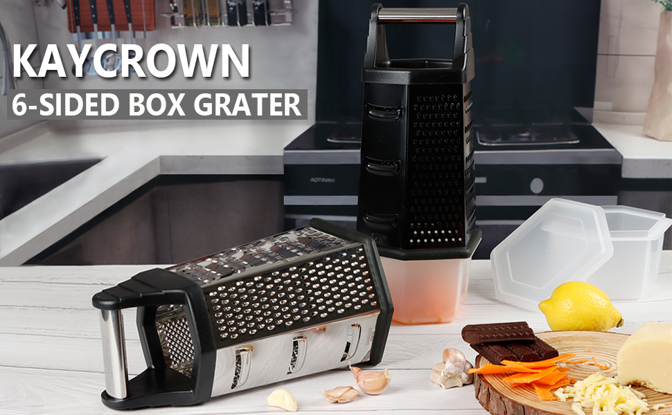 Box Grater, Cheese Grater Shredder Stainless Steel with 6 Sides, Best for Parmesan Cheese, Vegetables, Potatoes, Carrot, Ginger, Mandoline Vegetable Slicer with Detachable Container, Black