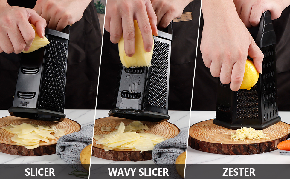 Box Grater, Cheese Grater Shredder Stainless Steel with 6 Sides, Best for Parmesan Cheese, Vegetables, Potatoes, Carrot, Ginger, Mandoline Vegetable Slicer with Detachable Container, Black