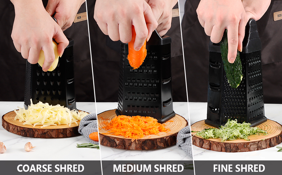 Box Grater, Cheese Grater Shredder Stainless Steel with 6 Sides, Best for Parmesan Cheese, Vegetables, Potatoes, Carrot, Ginger, Mandoline Vegetable Slicer with Detachable Container, Black