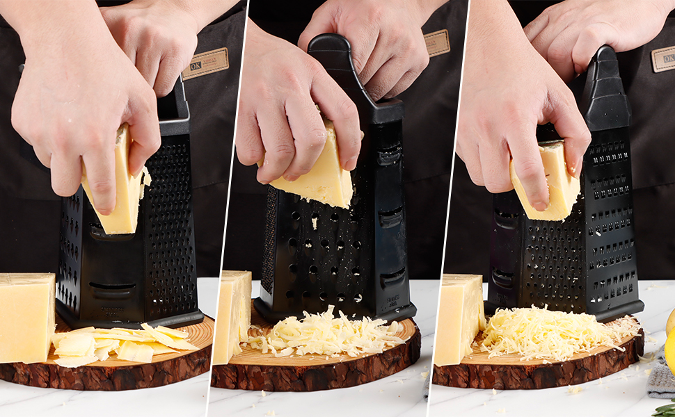 Box Grater, Cheese Grater Shredder Stainless Steel with 6 Sides, Best for Parmesan Cheese, Vegetables, Potatoes, Carrot, Ginger, Mandoline Vegetable Slicer with Detachable Container, Black