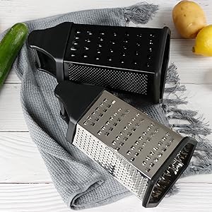 Box Grater, Cheese Grater Shredder Stainless Steel with 6 Sides, Best for Parmesan Cheese, Vegetables, Potatoes, Carrot, Ginger, Mandoline Vegetable Slicer with Detachable Container, Black