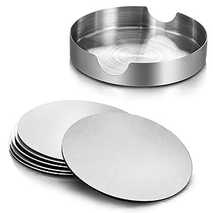 Hiceeden 18 Pack 4 Inch Stainless Steel Coasters, Round Silver Modern Coaster with 3 Holder, Rubber Foam Anti-Slip Bottom Coasters for Outdoor, Kitchen, Bar