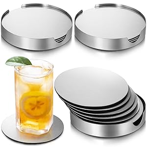 Hiceeden 18 Pack 4 Inch Stainless Steel Coasters, Round Silver Modern Coaster with 3 Holder, Rubber Foam Anti-Slip Bottom Coasters for Outdoor, Kitchen, Bar