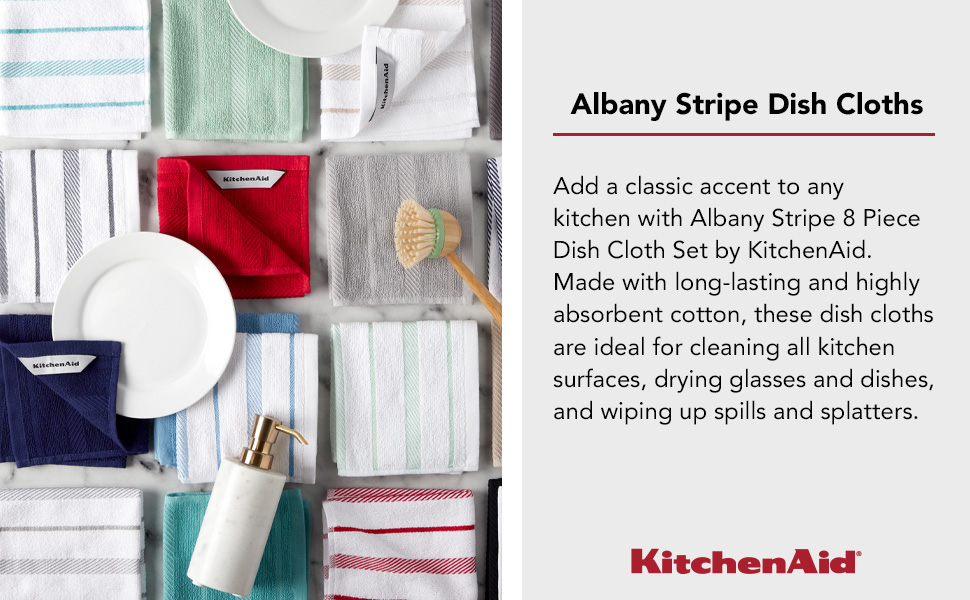 KitchenAid Albany Dishcloth 8 Pack Set, Matte Grey/White, 12