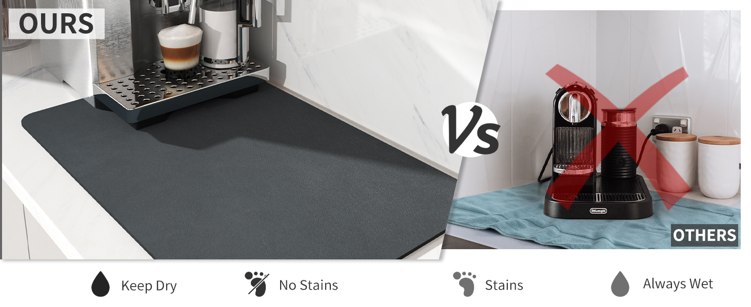 AMOAMI Coffee Mat - Hide Stain, Rubber Backed, Absorbent Dish Drying Mat for Kitchen Counter - Fits Under Coffee Maker & Machine, Dish Rack
