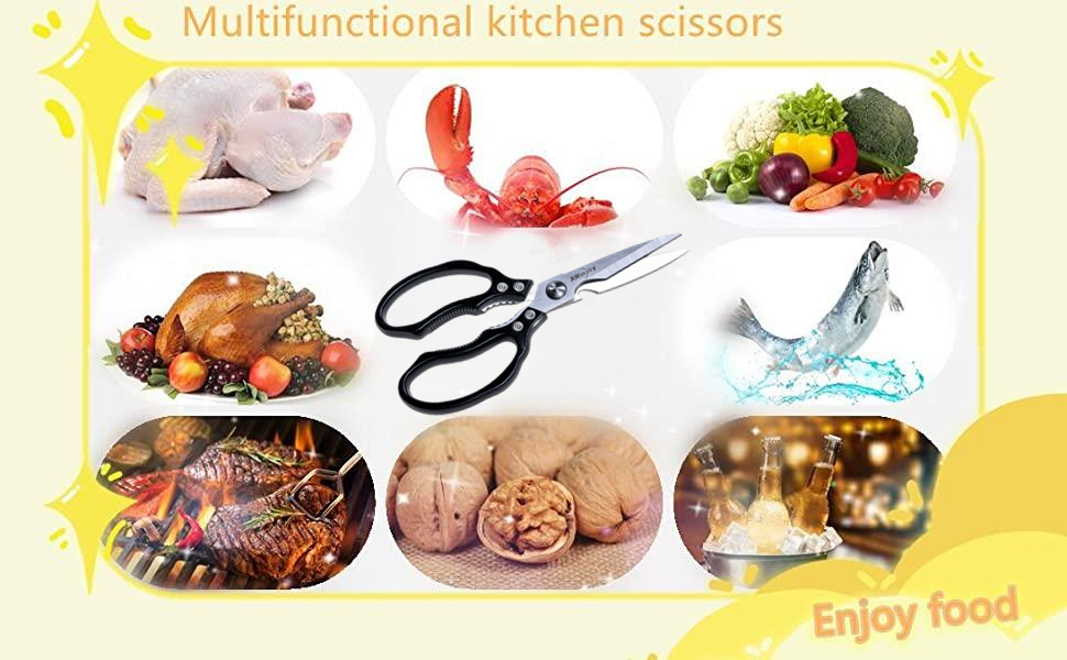 AWinjoy Heavy Duty Sharp Kitchen Scissors, Dishwasher Safe, Cooking Shears for Meat, Chicken, Fish, Poultry, Herb, Bread (Black)