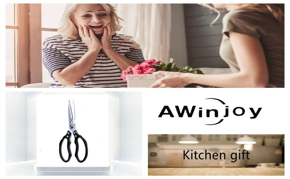 AWinjoy Heavy Duty Sharp Kitchen Scissors, Dishwasher Safe, Cooking Shears for Meat, Chicken, Fish, Poultry, Herb, Bread (Black)