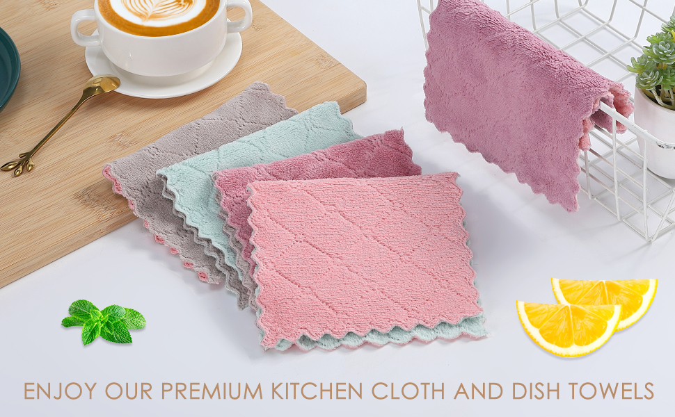 Rachan 11Pack Kitchen Dish Cloths, Reusable Dish Towels, Nonstick Oil Washable Fast Drying, Super Absorbent Coral Velvet Cleaning Cloths for Cleaning Tableware, Kitchen, Bathroom (Pink-green10 x 6