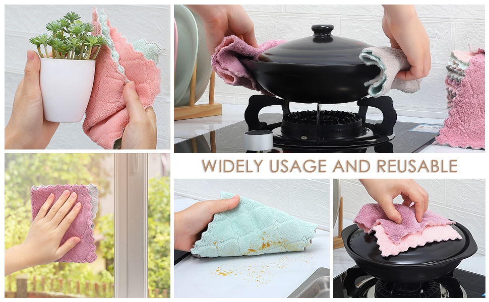 Rachan 11Pack Kitchen Dish Cloths, Reusable Dish Towels, Nonstick Oil Washable Fast Drying, Super Absorbent Coral Velvet Cleaning Cloths for Cleaning Tableware, Kitchen, Bathroom (Pink-green10 x 6