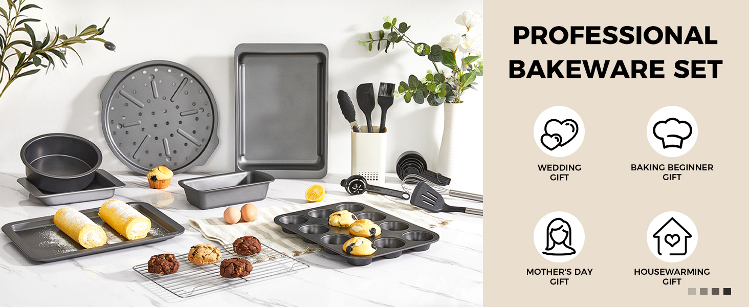 HONGBAKE Bakeware Sets, Baking Pans Set, Nonstick Oven Pan for Kitchen with Wider Grips, 10 Pieces Including Rack, Cookie Sheet, Cake Pans, Loaf Pan, Muffin Pan, Pizza Pan - Grey