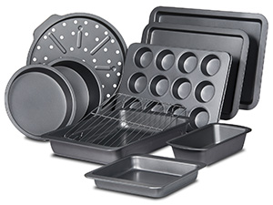 HONGBAKE Bakeware Sets, Baking Pans Set, Nonstick Oven Pan for Kitchen with Wider Grips, 10 Pieces Including Rack, Cookie Sheet, Cake Pans, Loaf Pan, Muffin Pan, Pizza Pan - Grey