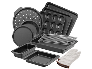 HONGBAKE Bakeware Sets, Baking Pans Set, Nonstick Oven Pan for Kitchen with Wider Grips, 10 Pieces Including Rack, Cookie Sheet, Cake Pans, Loaf Pan, Muffin Pan, Pizza Pan - Grey