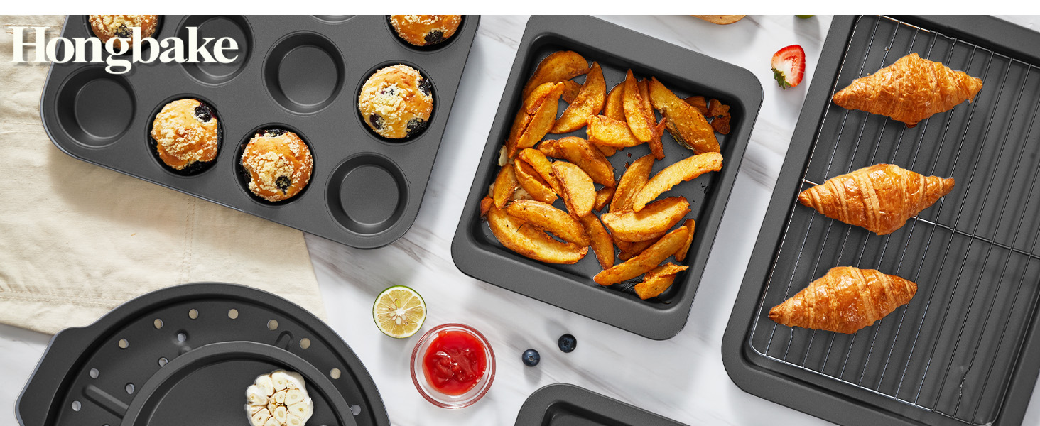 HONGBAKE Bakeware Sets, Baking Pans Set, Nonstick Oven Pan for Kitchen with Wider Grips, 10 Pieces Including Rack, Cookie Sheet, Cake Pans, Loaf Pan, Muffin Pan, Pizza Pan - Grey