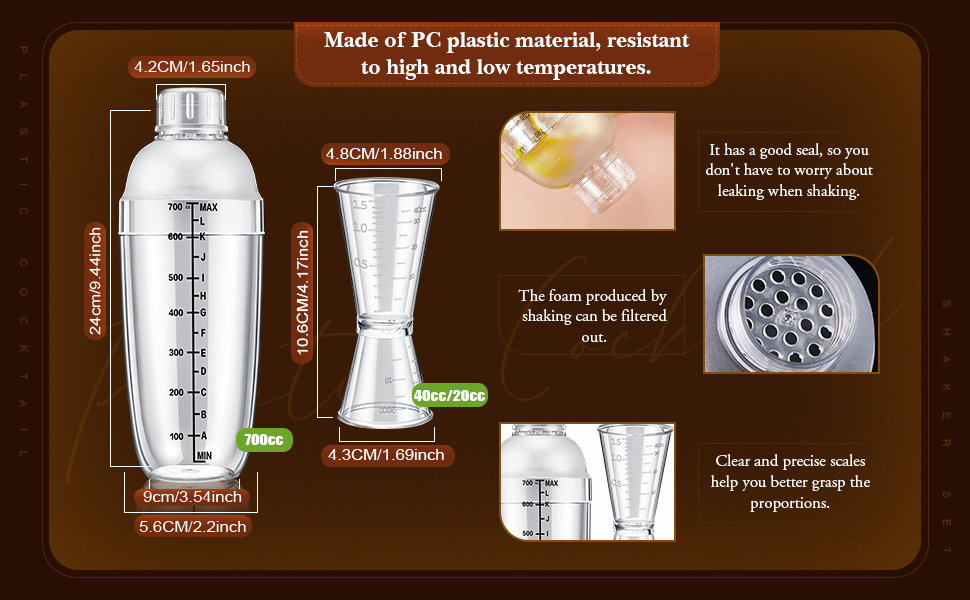 10 Pcs Plastic Cocktail Shaker Set, Including 8 Pcs 24 oz Clear Coffee Shaker Drink Mixer with Measurements 2 Double Measuring Jigger Bar Cup for Tea Coffee Bubble Tea Milk