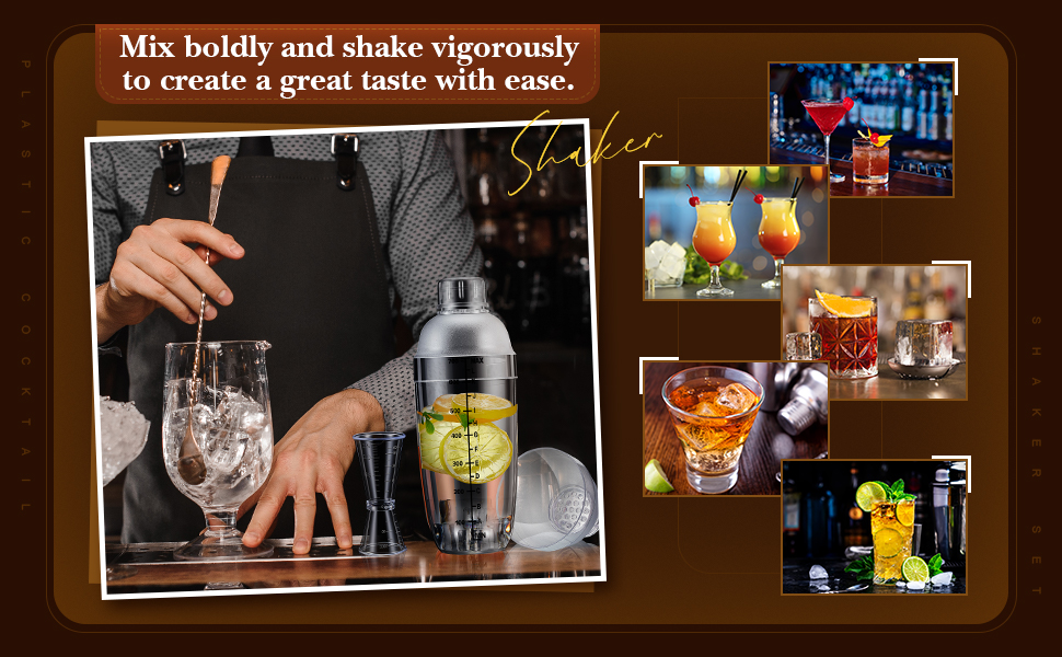 10 Pcs Plastic Cocktail Shaker Set, Including 8 Pcs 24 oz Clear Coffee Shaker Drink Mixer with Measurements 2 Double Measuring Jigger Bar Cup for Tea Coffee Bubble Tea Milk