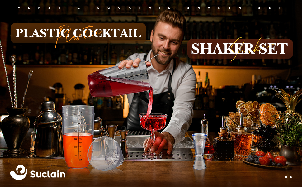 10 Pcs Plastic Cocktail Shaker Set, Including 8 Pcs 24 oz Clear Coffee Shaker Drink Mixer with Measurements 2 Double Measuring Jigger Bar Cup for Tea Coffee Bubble Tea Milk