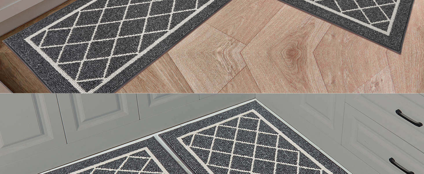 BEQHAUSE-Kitchen-Rugs-Non-Slip-Kitchen-Mats-for-Floor Machine Washable Kitchen Rugs 2 Pieces Grey Kitchen Runner Carpet with TPR Backing 20x30inch/20x48inch