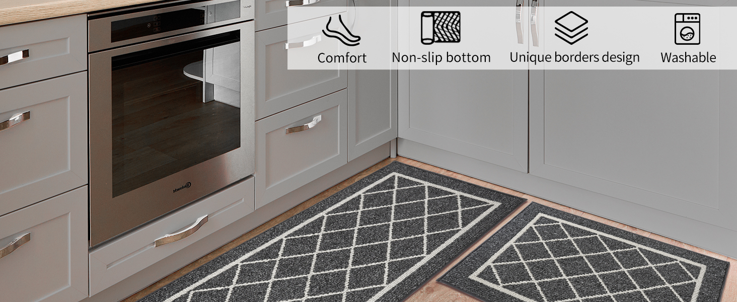 BEQHAUSE-Kitchen-Rugs-Non-Slip-Kitchen-Mats-for-Floor Machine Washable Kitchen Rugs 2 Pieces Grey Kitchen Runner Carpet with TPR Backing 20x30inch/20x48inch