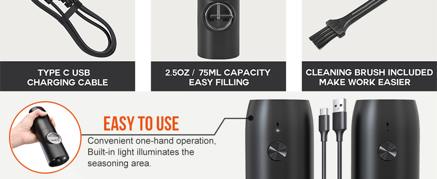 automatic pepper mill,USB rechargeable,Adjustable Coarseness,ceramic burr,refillable,Auto grinders with charging base LED light (With Plastic Charging base(2PCS))