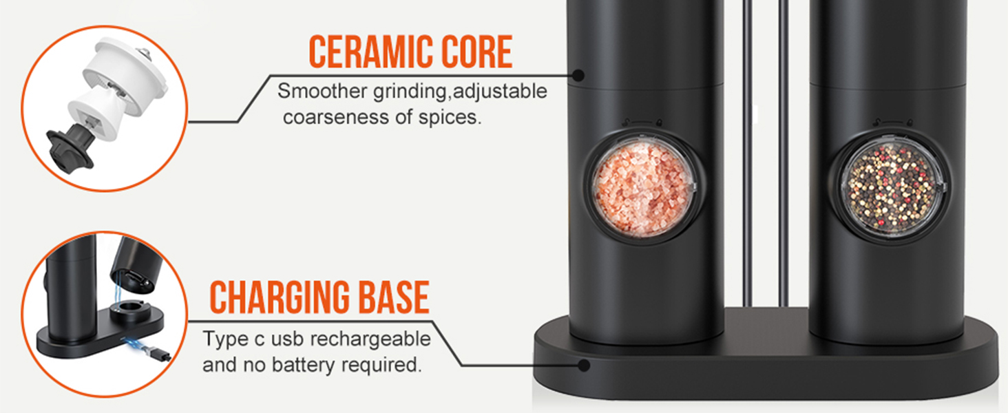 automatic pepper mill,USB rechargeable,Adjustable Coarseness,ceramic burr,refillable,Auto grinders with charging base LED light (With Plastic Charging base(2PCS))