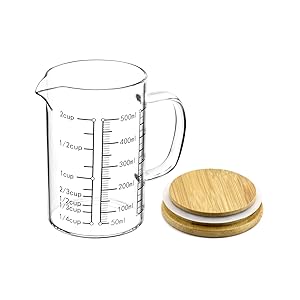 QWORK Glass Measuring Cup, 2 Pack 500ML (18 Oz, 2 Cup), High Borosilicate Glass Scale Cup with Handle and Durable Bamboo Lid, for Kitchen or Restaurant
