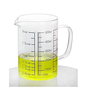 QWORK Glass Measuring Cup, 2 Pack 500ML (18 Oz, 2 Cup), High Borosilicate Glass Scale Cup with Handle and Durable Bamboo Lid, for Kitchen or Restaurant