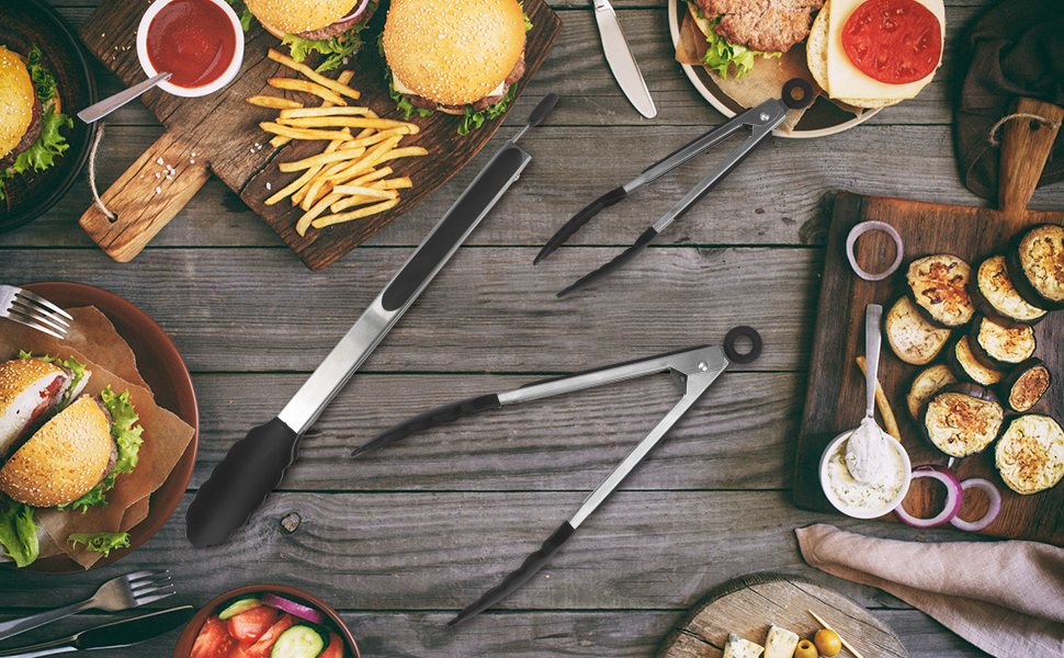 Serving Tongs Kitchen Tongs - Heat Resistant, Premium Stainless Steel Locking Cooking Tongs with Silicone Tips, Non-Slip Food Tongs for Cooking, Heavy Duty, Non-Stick (7 Inch(4 Pack))