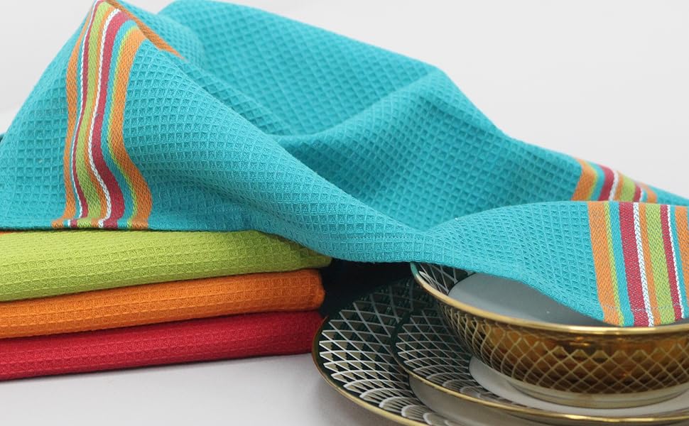 COTTON CRAFT Salsa Stripe Kitchen Towel - Set of 8 Pure Cotton Absorbent Waffle Weave Dish Towel Dish Cloth - Low Lint Reusable Drying Towels - Restaurant Bar Cleaning Kitchen Hand Towel -16x28 Multi