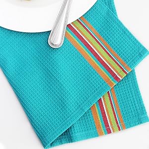 COTTON CRAFT Salsa Stripe Kitchen Towel - Set of 8 Pure Cotton Absorbent Waffle Weave Dish Towel Dish Cloth - Low Lint Reusable Drying Towels - Restaurant Bar Cleaning Kitchen Hand Towel -16x28 Multi