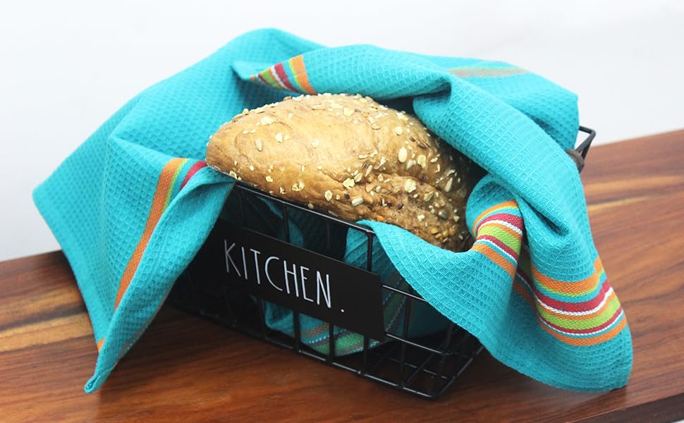 COTTON CRAFT Salsa Stripe Kitchen Towel - Set of 8 Pure Cotton Absorbent Waffle Weave Dish Towel Dish Cloth - Low Lint Reusable Drying Towels - Restaurant Bar Cleaning Kitchen Hand Towel -16x28 Multi