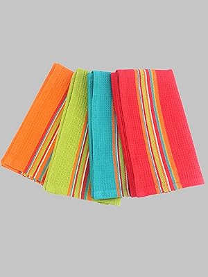 COTTON CRAFT Salsa Stripe Kitchen Towel - Set of 8 Pure Cotton Absorbent Waffle Weave Dish Towel Dish Cloth - Low Lint Reusable Drying Towels - Restaurant Bar Cleaning Kitchen Hand Towel -16x28 Multi