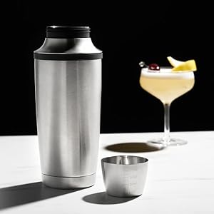 Viski Alchemi Vacuum Insulated Cocktail Shaker with Citrus Reamer, Cap, Strainer for Cold Brew Cocktails, Margarita, Whiskey Sour, Double Walled Stainless Steel Martini Shaker, Home Bar Tools, 18 oz