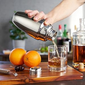 Viski Alchemi Vacuum Insulated Cocktail Shaker with Citrus Reamer, Cap, Strainer for Cold Brew Cocktails, Margarita, Whiskey Sour, Double Walled Stainless Steel Martini Shaker, Home Bar Tools, 18 oz