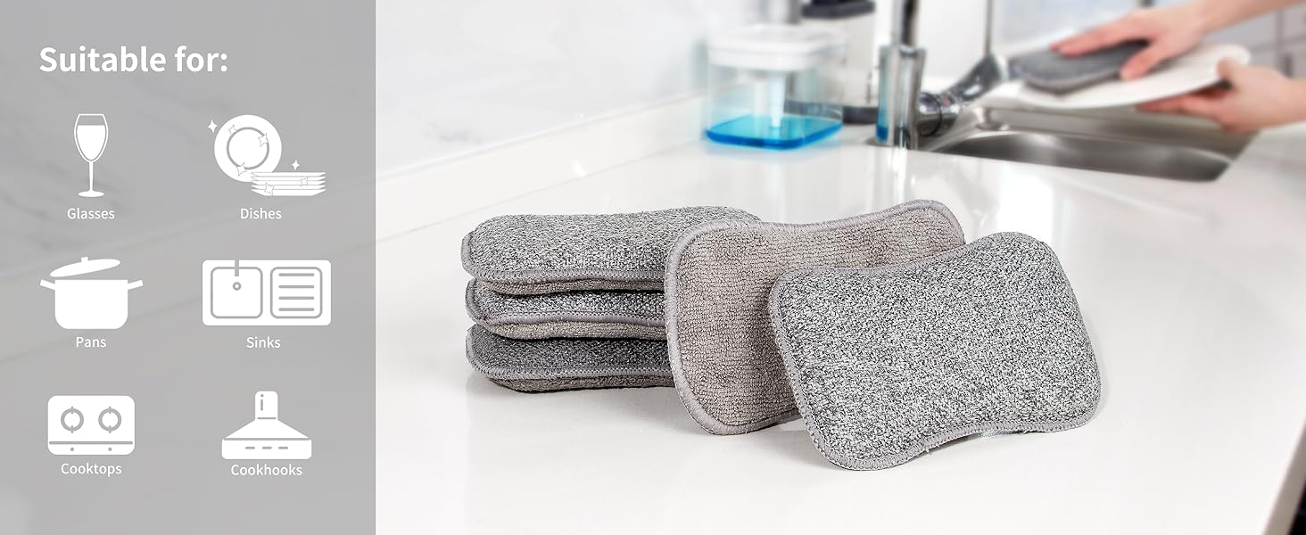 MR.SIGA Dual-Sided Scrub Sponges, Long lasting, Reusable Dishwashing Sponges for Kitchen, 6 Pack