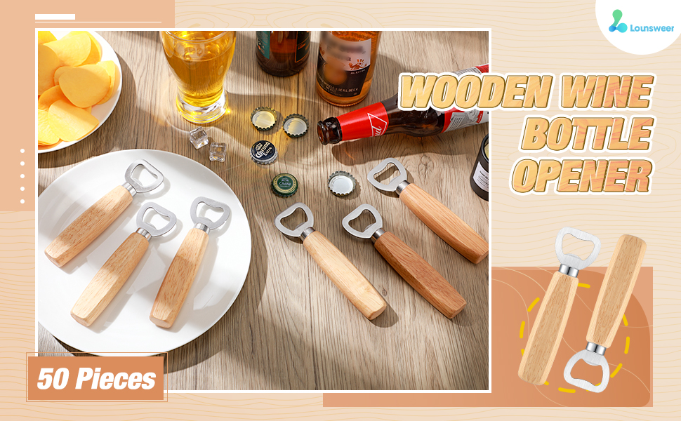 50 Pcs Wood Wine Bottle Opener Stainless Steel Bottle Opener Wood Handheld Heavy Duty Bartender Cider Engraved Gift Set for Kitchen Wedding Party Bar Home Restaurant