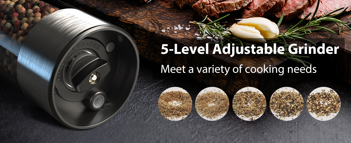 TOMEEM Upgraded Larger Capacity Electric Salt and Pepper Grinder Set Rechargeable with LED lights, Stainless Steel Automatic Pepper and Salt Grinder Refillable with 5 Adjustable Coarseness