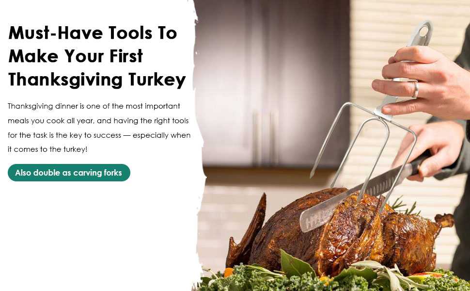 KAYCROWN Turkey Lifter Forks, Stainless Steel Poultry Lifters Set of 2, Roast Lifters Poultry Forks Carving Fork Great for Thanksgiving, Transfer Turkey or Ham Easily