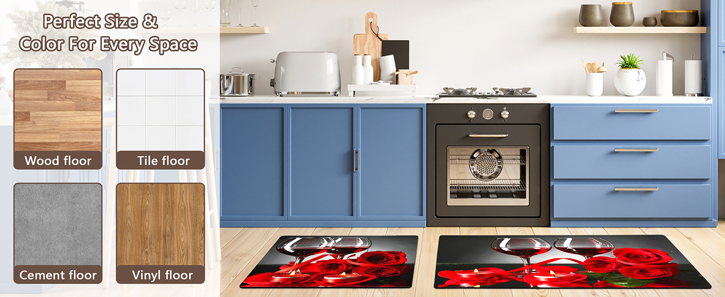 Red Wine Kitchen Rugs and Mats Set of 2 Modern Rose Anti Fatigue Kitchen Floor Mat Non-Skid Washable Kitchen Runner Rug for Kitchen Sink Laundry